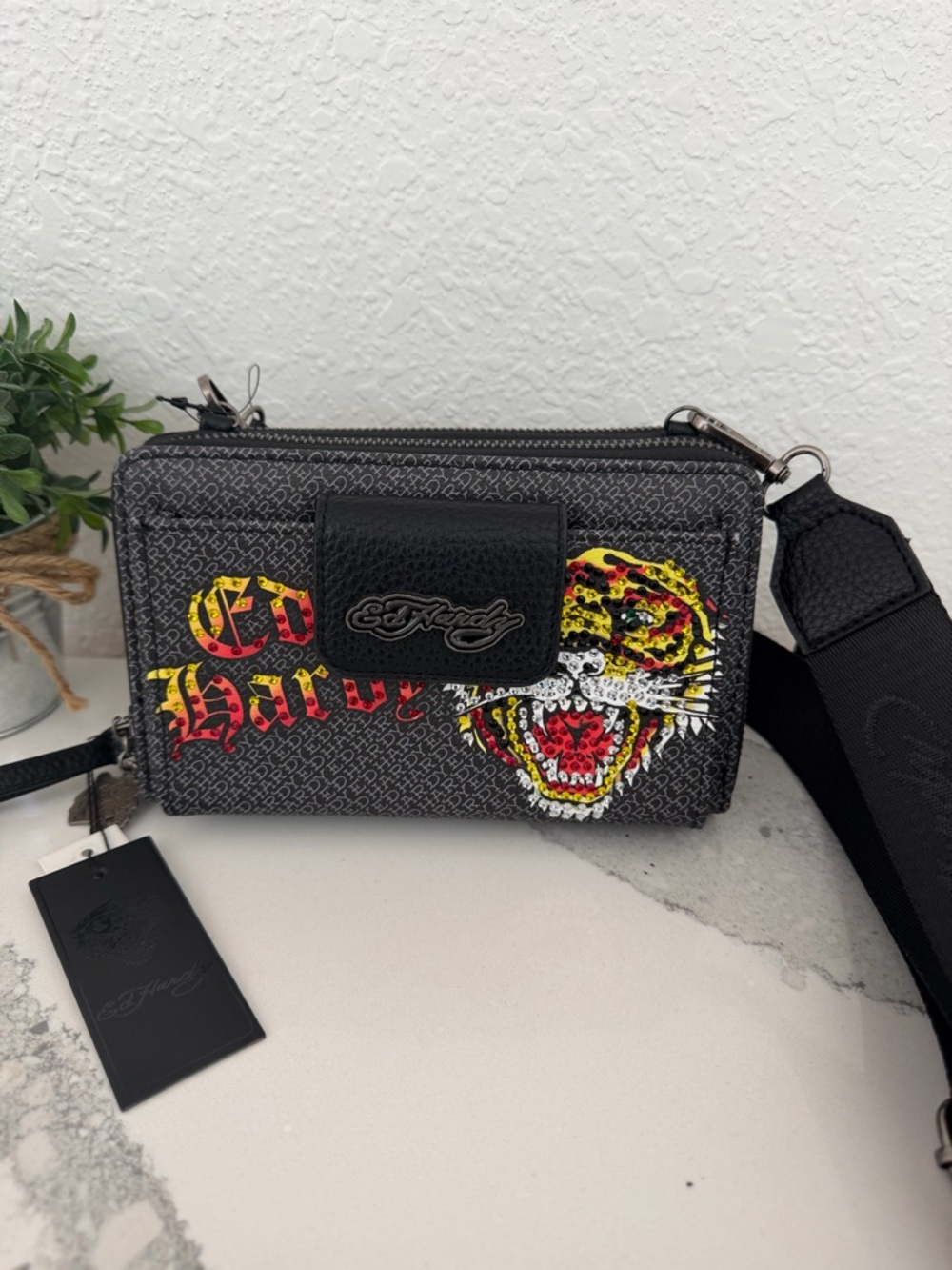 ED HARDY Tiger Motif  Black Messenger Bag NWT